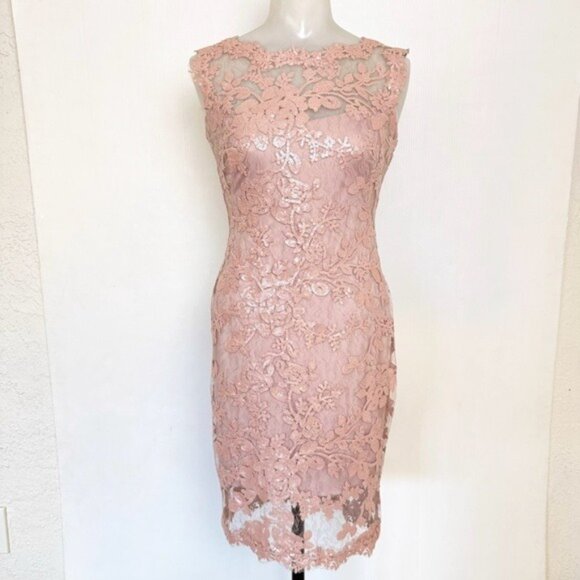 Tadashi Shoji Mauve Pink Lace/Sequin Sheath Dress Size 0 P - Picture 2 of 12